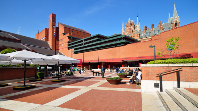 A panoramic view of the exterior of the British Library.